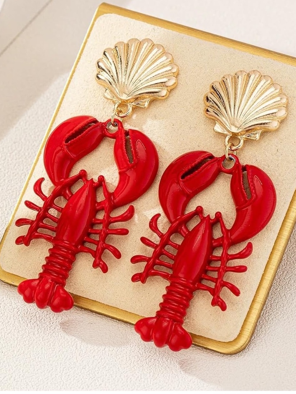 Anthropologie Gold Tone Shell with Red Lobster Drop Earrings - Picture 3 of 4